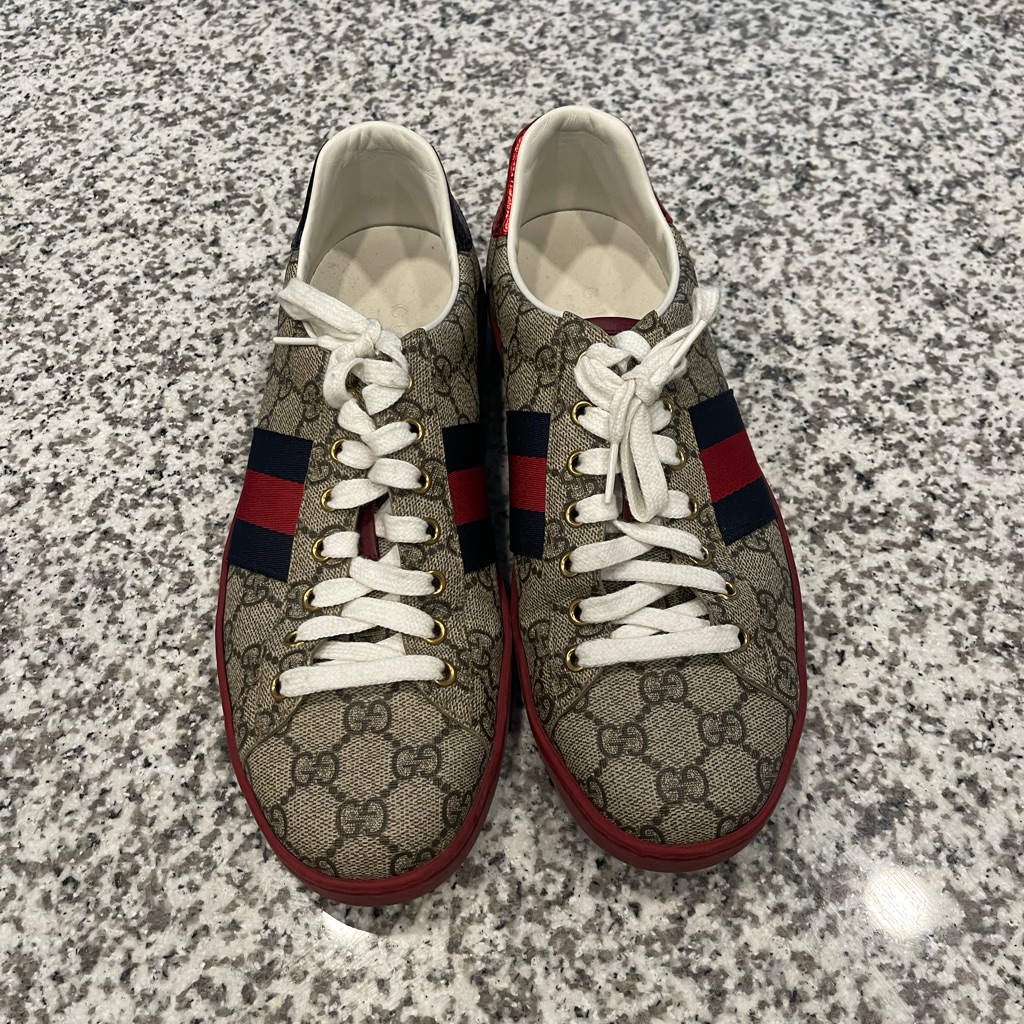 Gucci Men's Beige Gg Canvas Sneakers With Red & Navy Accents